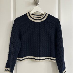 Zara Navy Cable-Knit Cropped Sweater with Cream Trim